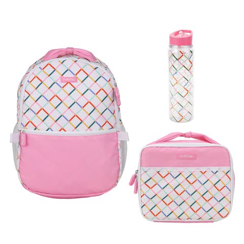 Packed Party White and Pink with Rainbow Plaid 17" Backpack Set for Girls | Includes Matching Insulated Lunchbox and Water Bottle