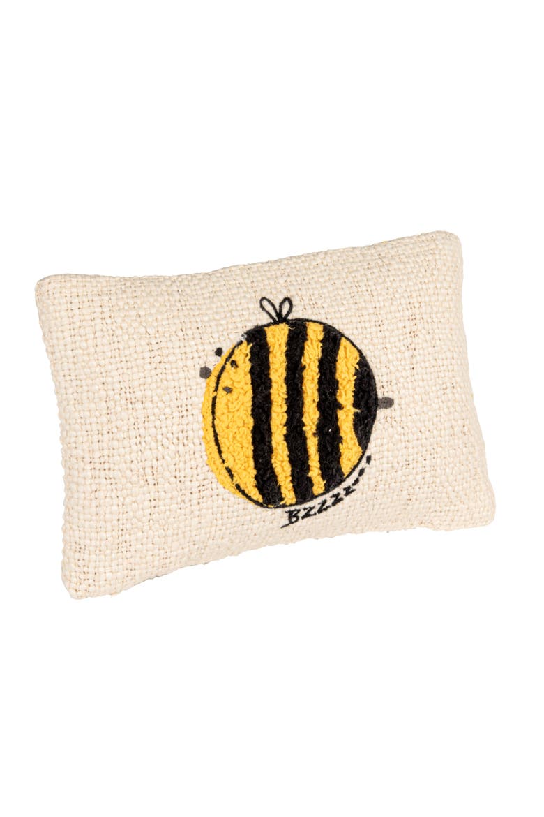 Woven Cotton Lumbar Pillow with Embroidered Bee Design, White and Yellow, Main, color, White