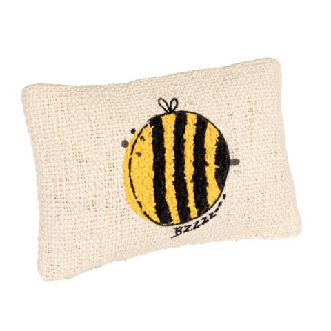 Woven Cotton Lumbar Pillow with Embroidered Bee Design, White and Yellow