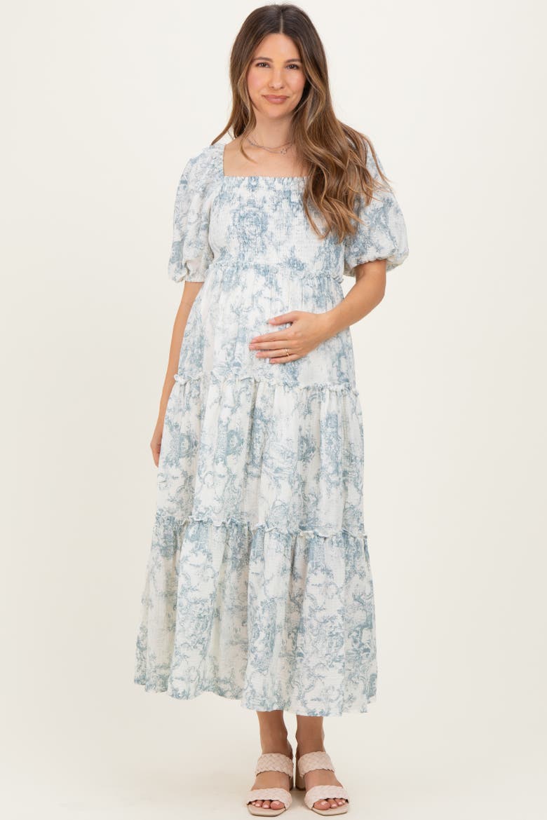 Vintage Floral Puff Sleeve Tiered Maxi Dress, Main, color, Blue