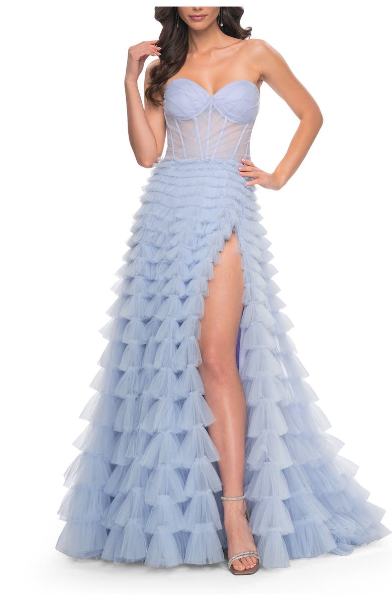 La Femme A-Line Ruffle Tulle Prom Dress with Sweetheart Top, Alternate, color, Light Periwinkle