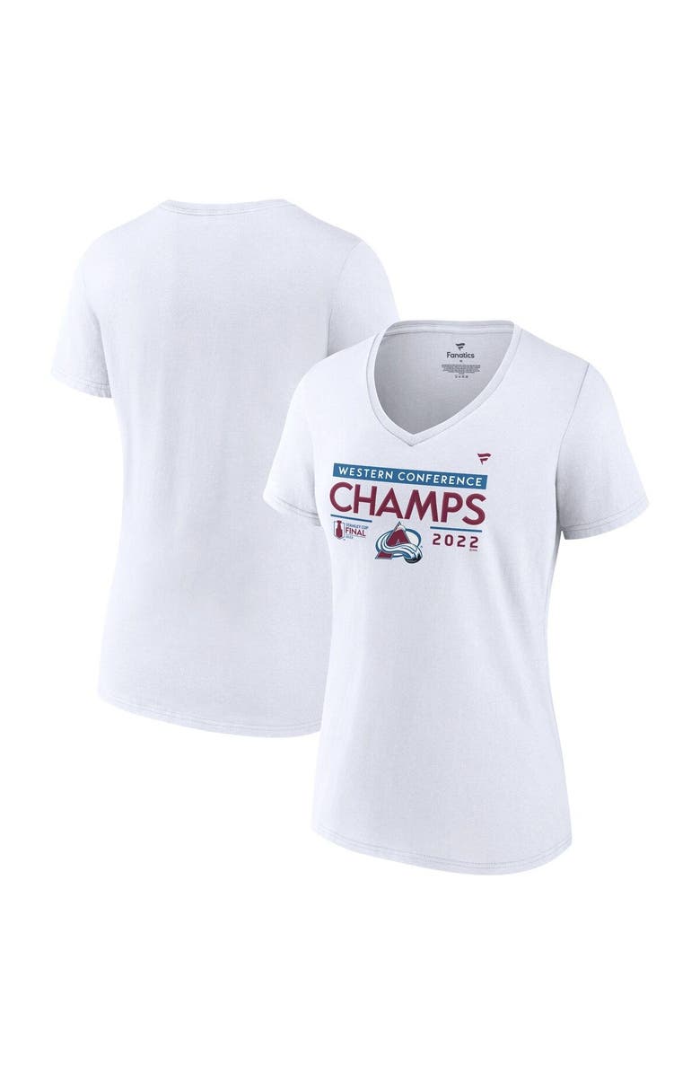 FANATICS Women's Fanatics Branded White Colorado Avalanche 2022 Western Conference Champions Plus Size Locker Room V-Neck T-Shirt, Main, color, 