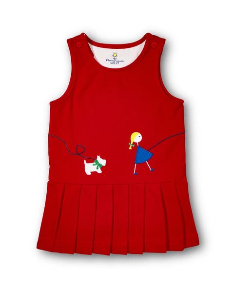 Pique Knit Jumper With Girl Walking Dog (Toddler, Little Kid)
