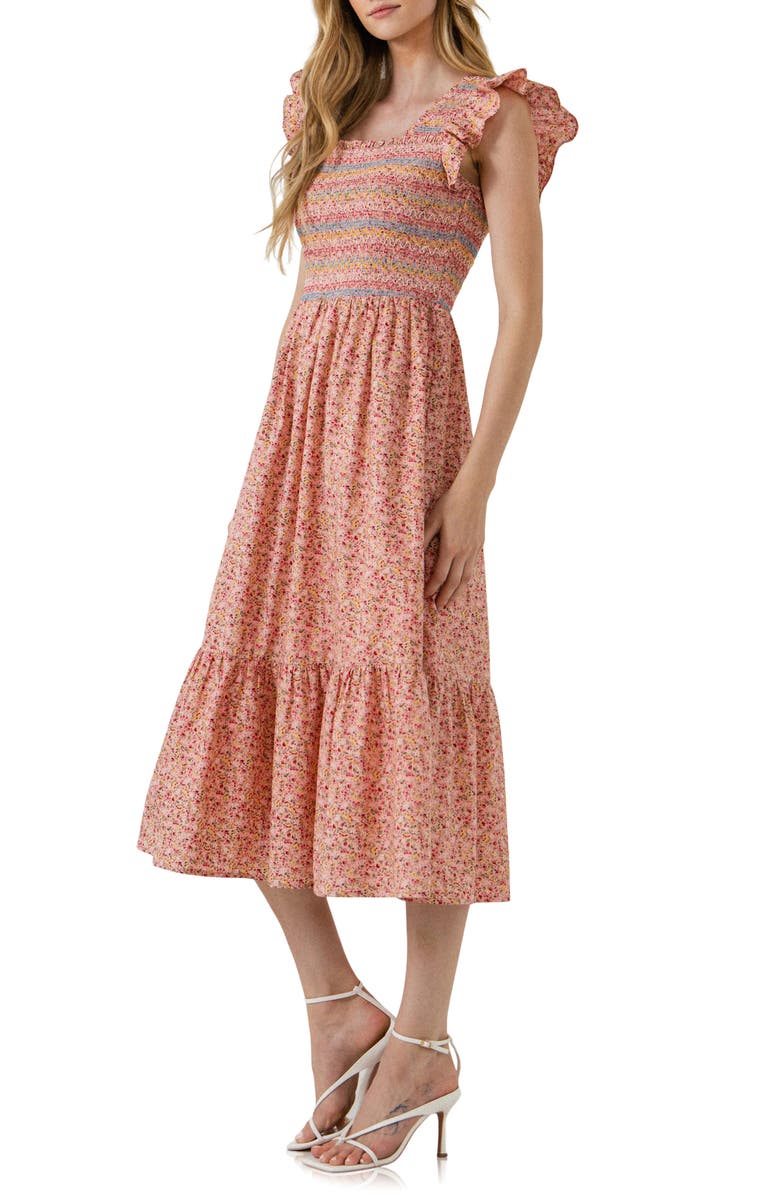 Free the Roses Floral Smocked Cotton Midi Dress, Alternate, color, 