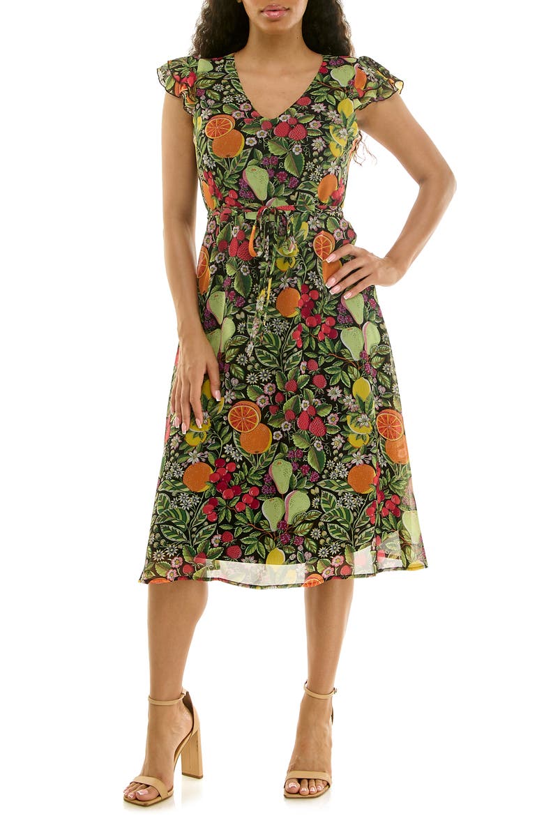 V-Neck Sleeveless Fit & Flare Dress, Main, color, BLACK/GREEN MULTI