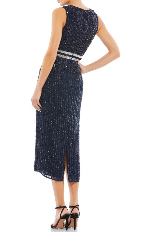 Mac Duggal Sleeveless High Neck Beaded Midi Sheath Dress In Navy