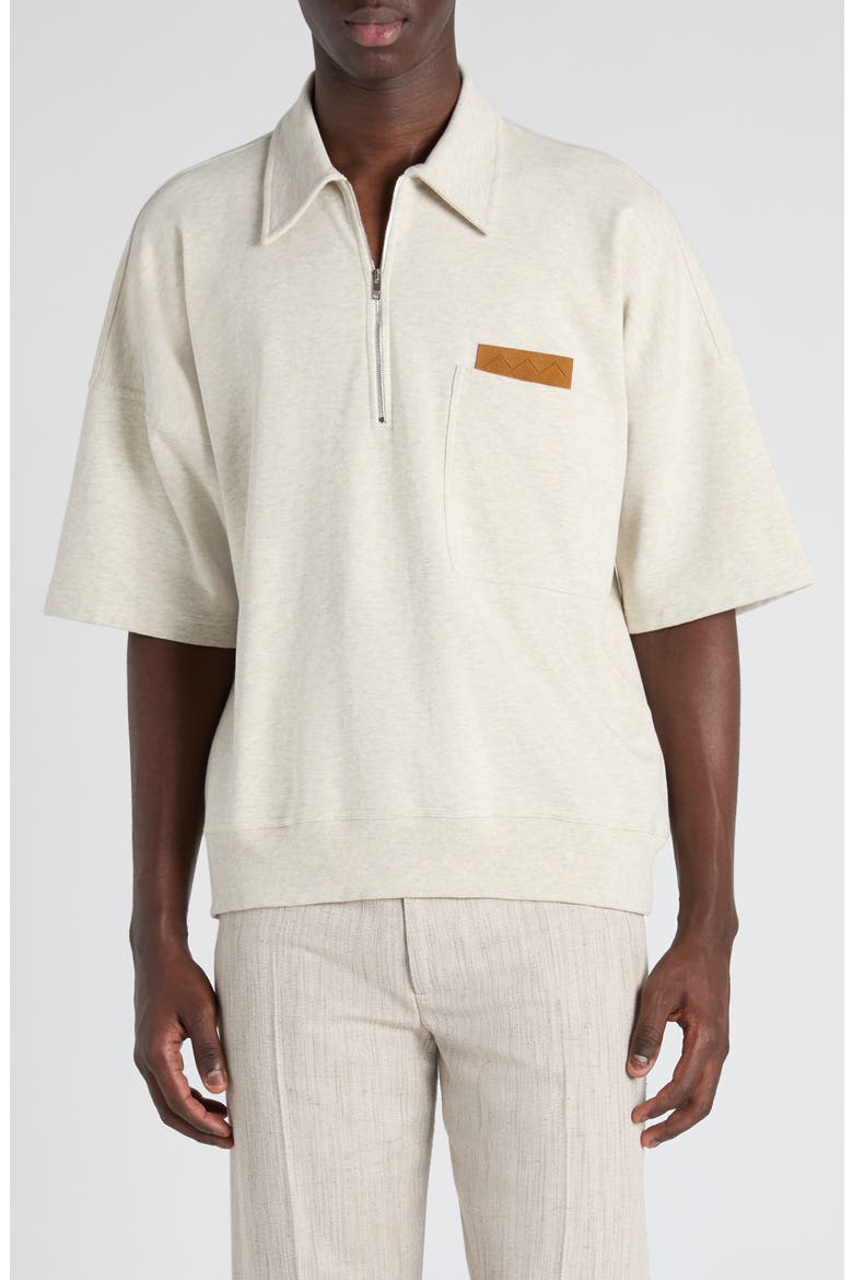 Double Cotton Mélange Jersey Quarter Zip Polo with Intrecciato Suede Patch, Main, color, 9781 SEA SALT MELANGE