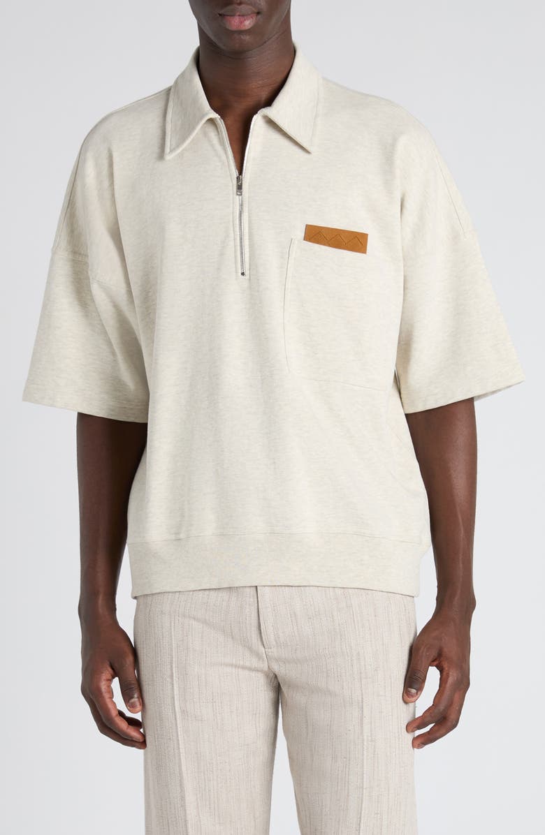 Bottega Veneta Double Cotton Mélange Jersey Quarter Zip Polo with Intrecciato Suede Patch, Main, color, 9781 Sea Salt Melange