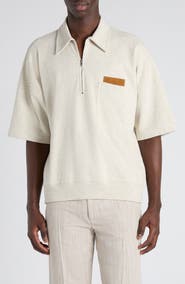 Bottega Veneta Double Cotton Mélange Jersey Quarter Zip Polo with Intrecciato Suede Patch