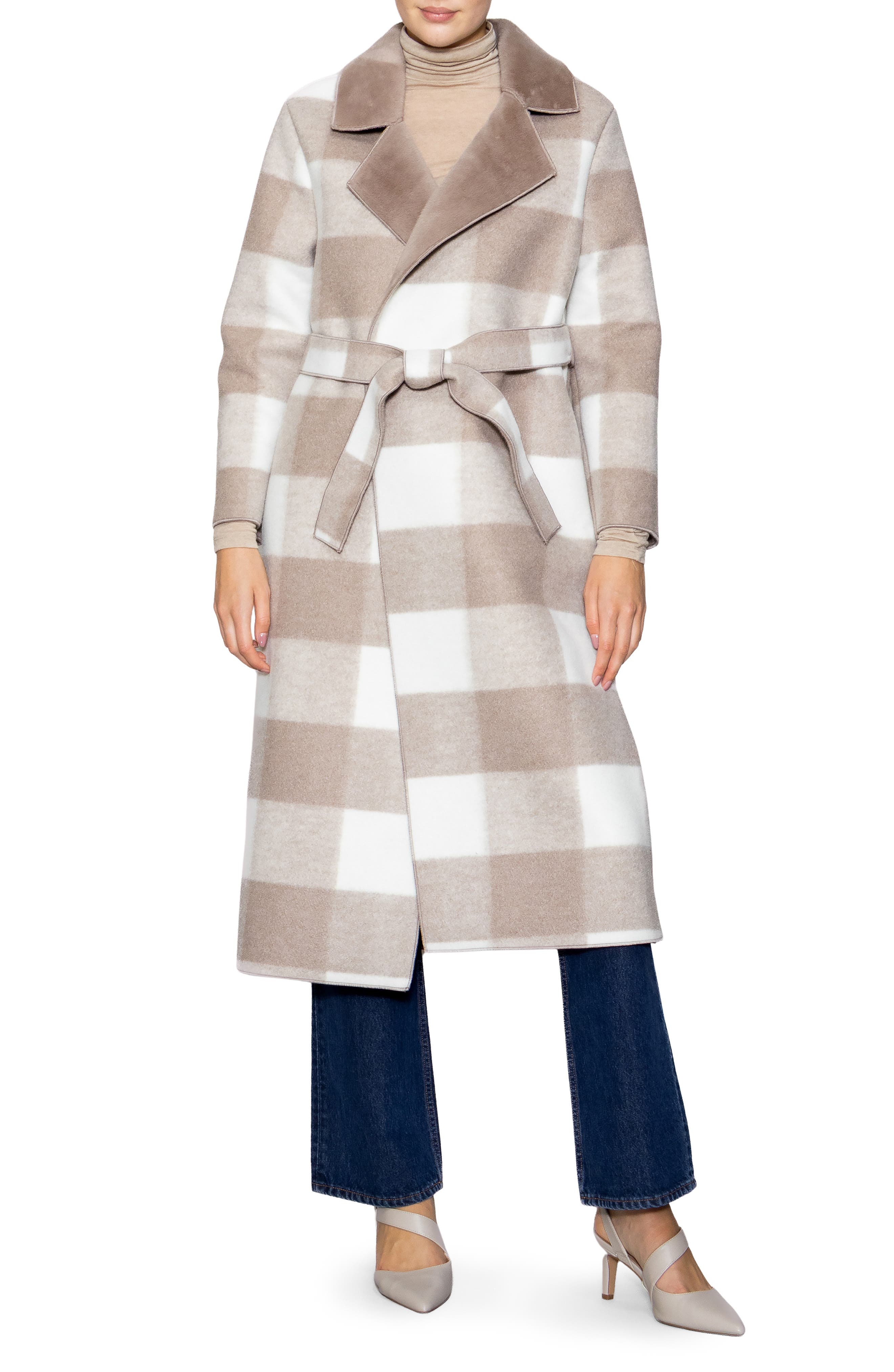 MELLODAY Faux Fur Collared Plaid Trench Coat