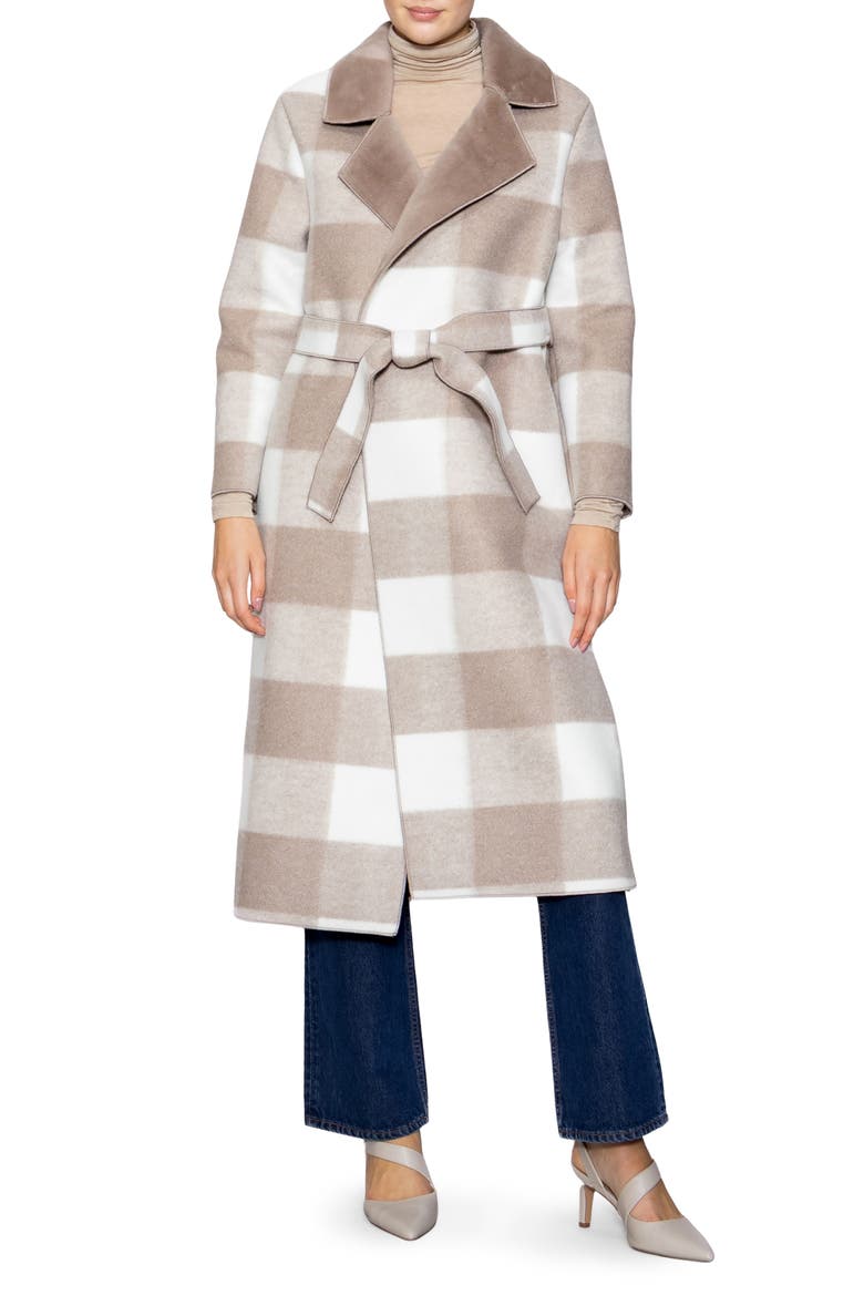 Faux Fur Collared Plaid Trench Coat, Main, color, IVORY TAUPE BUFFALO