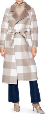 MELLODAY Faux Fur Collared Plaid Trench Coat