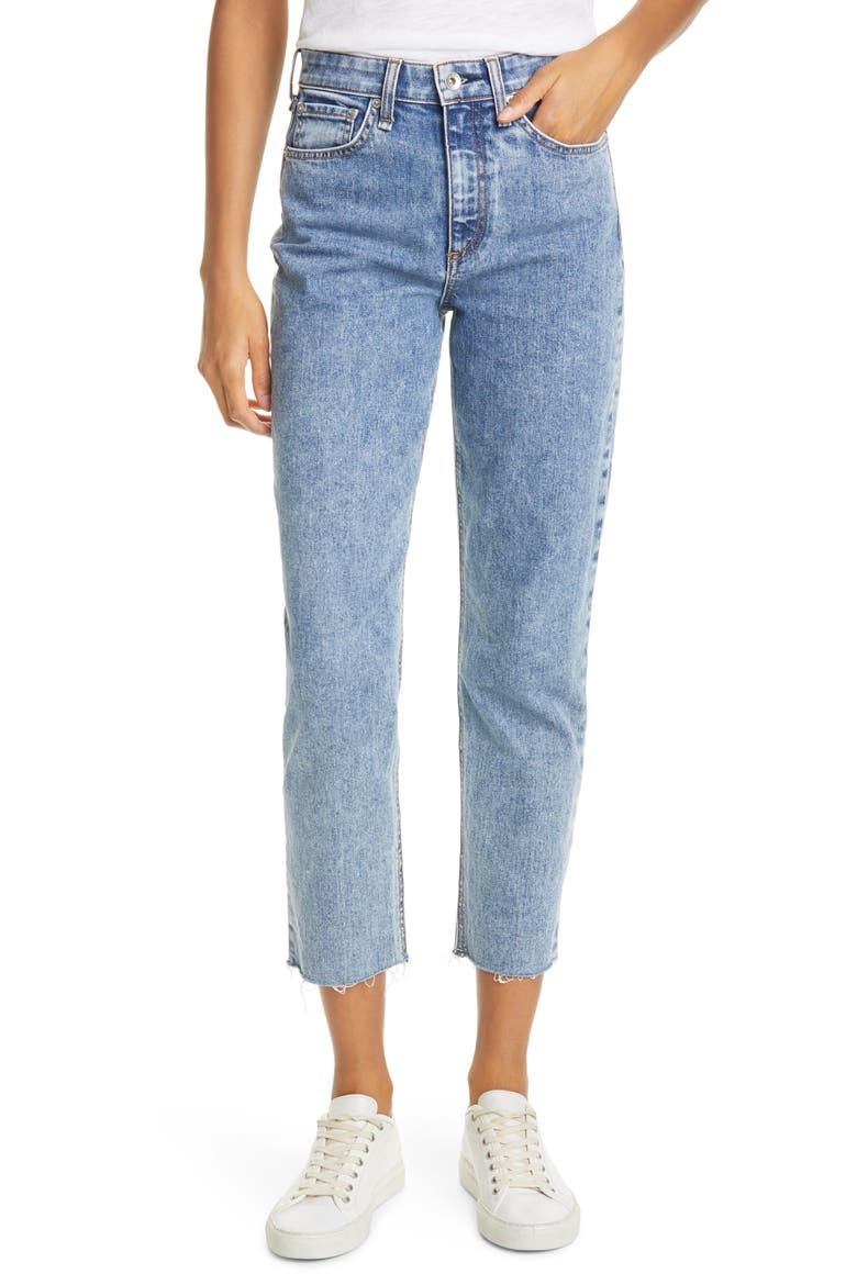 Nina High Waist Raw Hem Ankle Cigarette Jeans, Main, color, CALYPSO