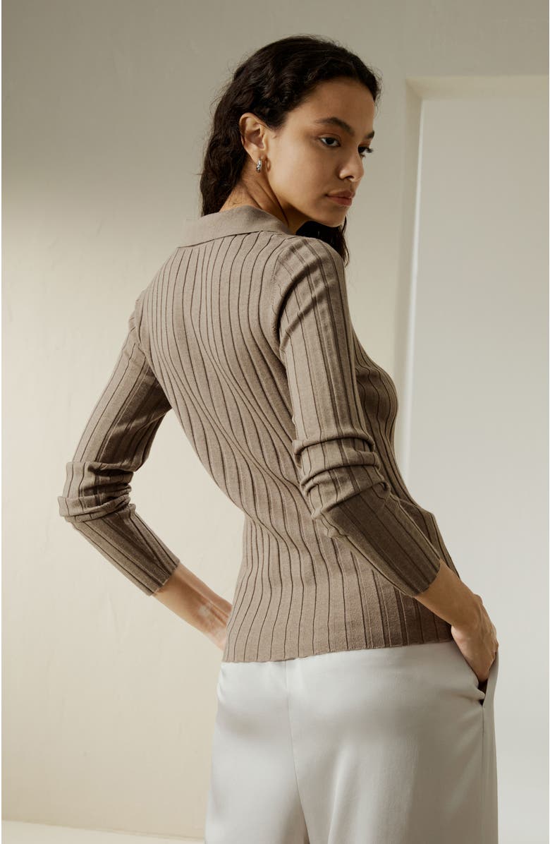 Lilysilk Women's Ribbed Silk-Cashmere Blend Cardigan, Alternate, color, Brown