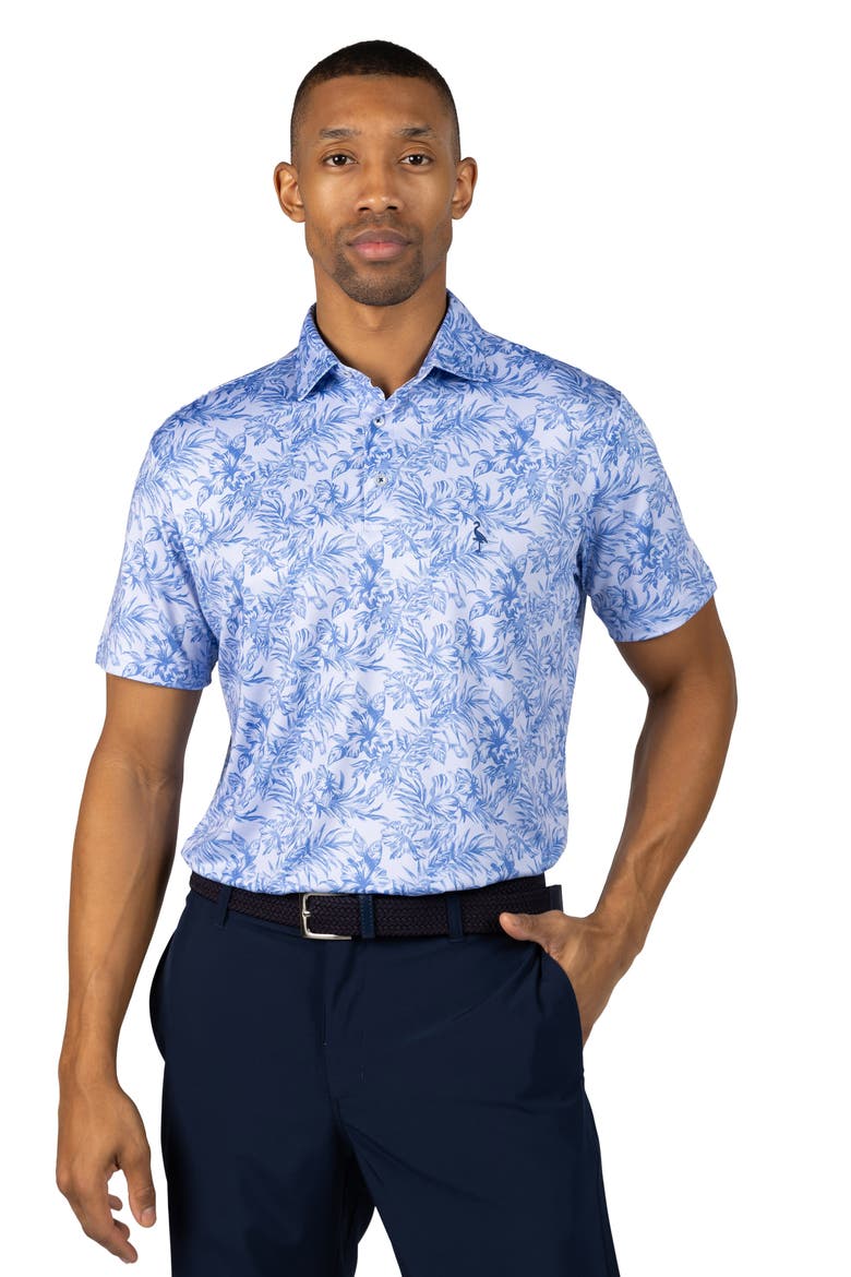Distressed Tropical Print Performance Polo, Alternate, color, DENIM