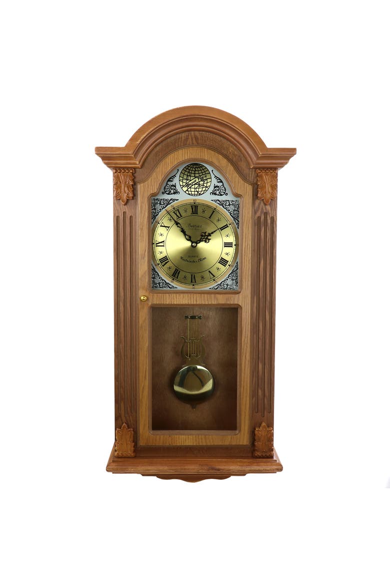 Honey Oak Chiming Pendulum Wall Clock, Main, color, Honey Oak