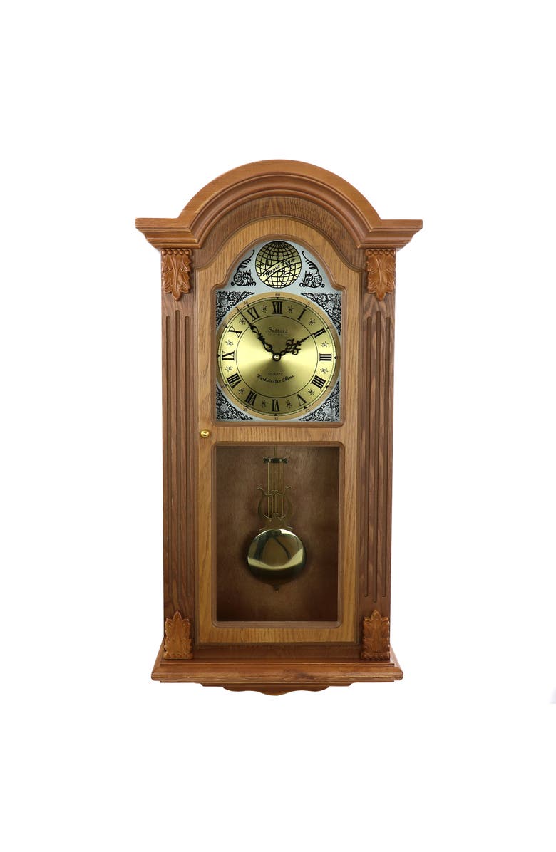 Bedford Clock Collection Honey Oak Chiming Pendulum Wall Clock, Main, color, Honey Oak