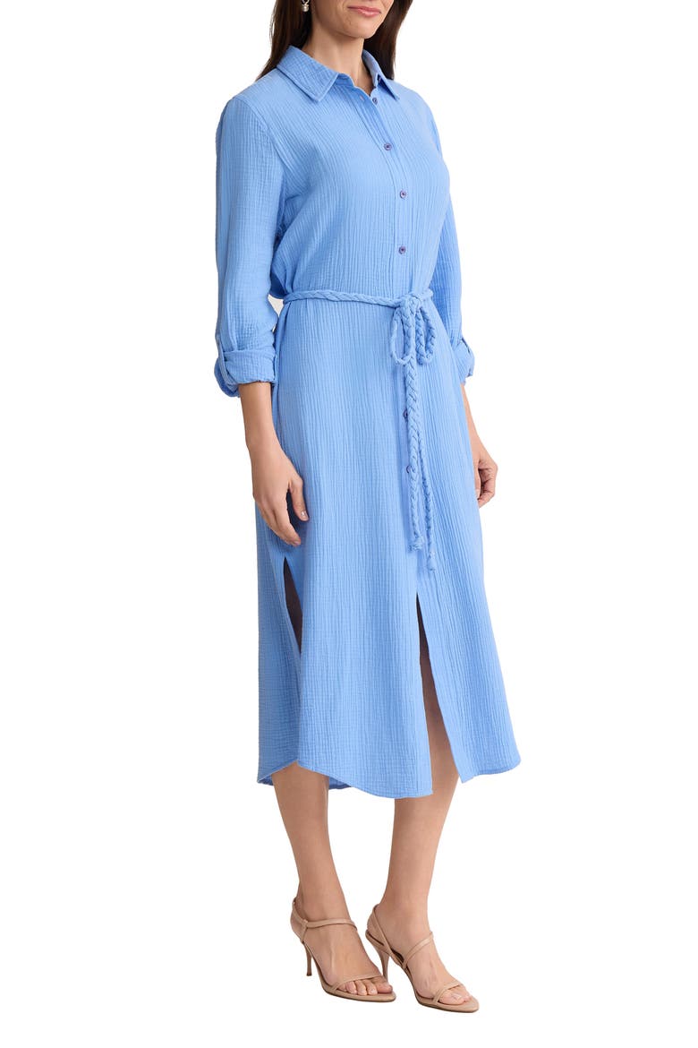 Braided Belt Long Sleeve Cotton Gauze Midi Shirtdress, Alternate, color, BLUE HORIZON