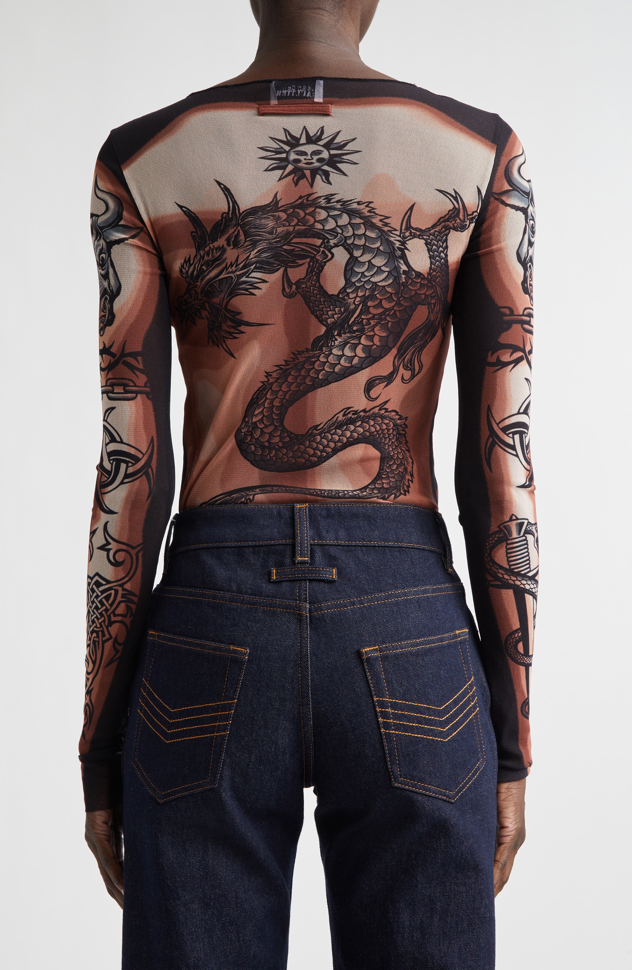 Re-Edition Tattoo Trompe l'Oeil Long Sleeve Mesh Top (Women