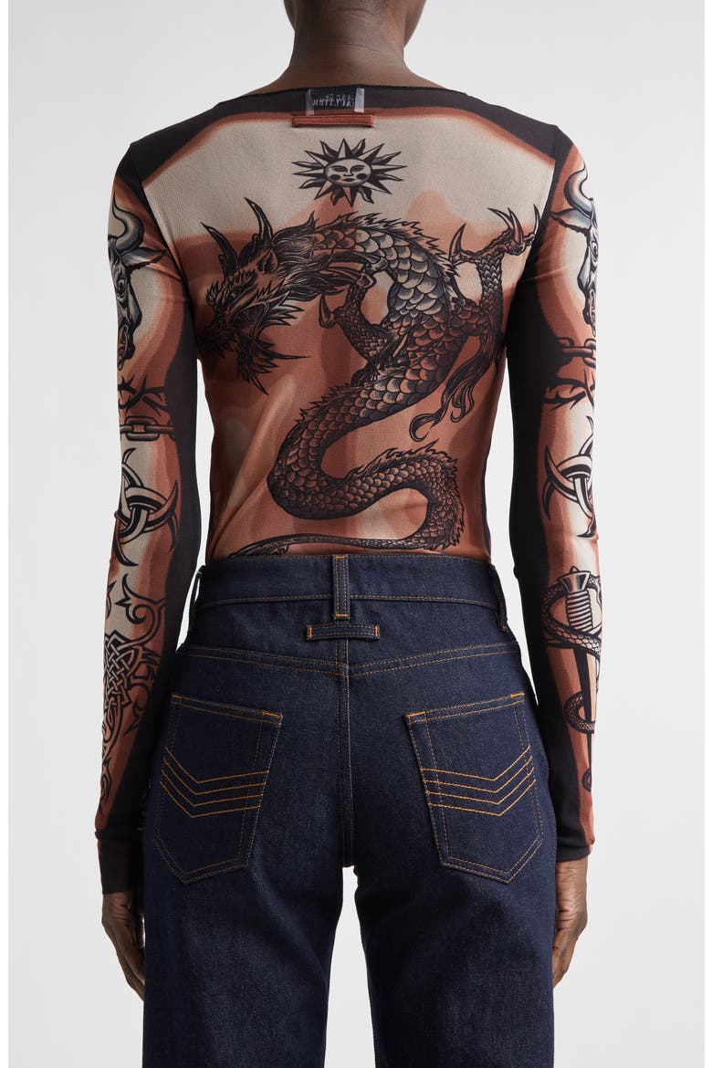 Re-Edition Tattoo Trompe l'Oeil Long Sleeve Mesh Top (Women