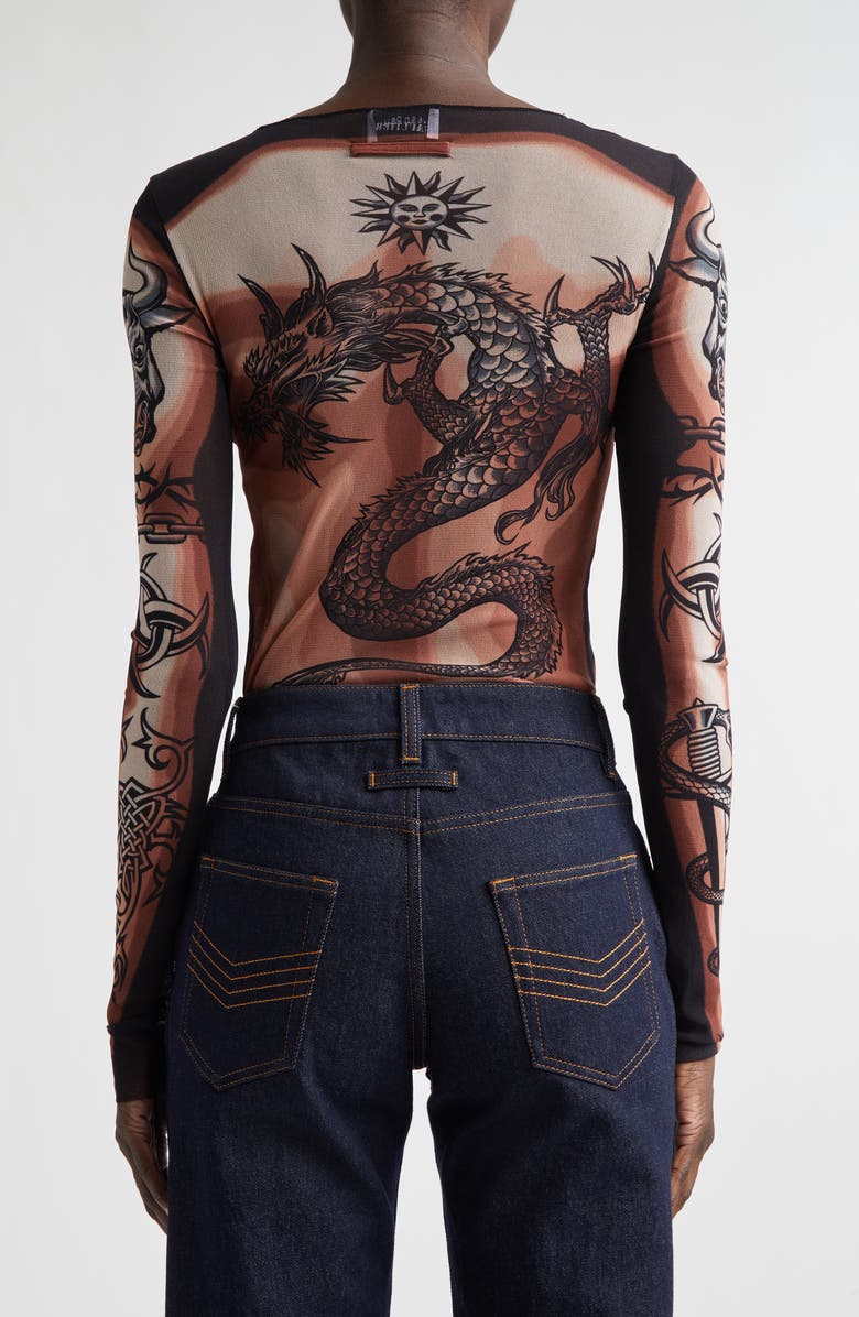 Jean Paul Gaultier Re-Edition Tattoo Trompe l'Oeil Long Sleeve Mesh Top, Alternate, color, Beige/ Brown/ Black
