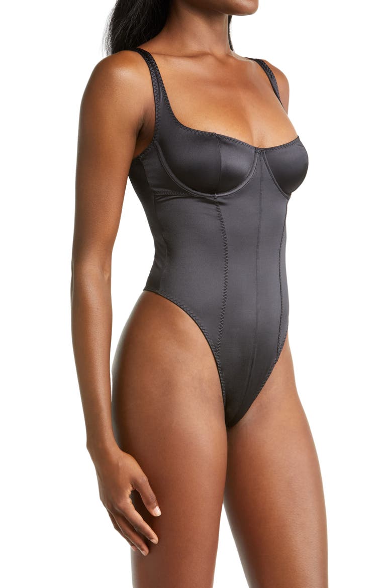 Stretch Satin Underwire Thong Bodysuit, Alternate, color, ONYX