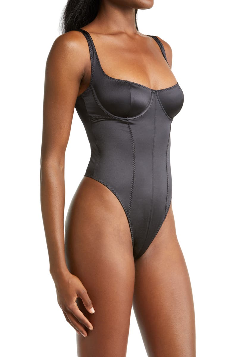 SKIMS Stretch Satin Underwire Thong Bodysuit, Alternate, color,