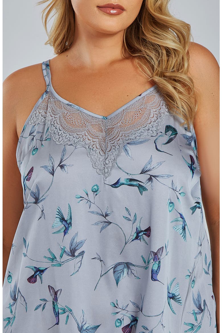 Elegant Hummingbird Print Satin Chemise with Lace Accent, Alternate, color, GRAY