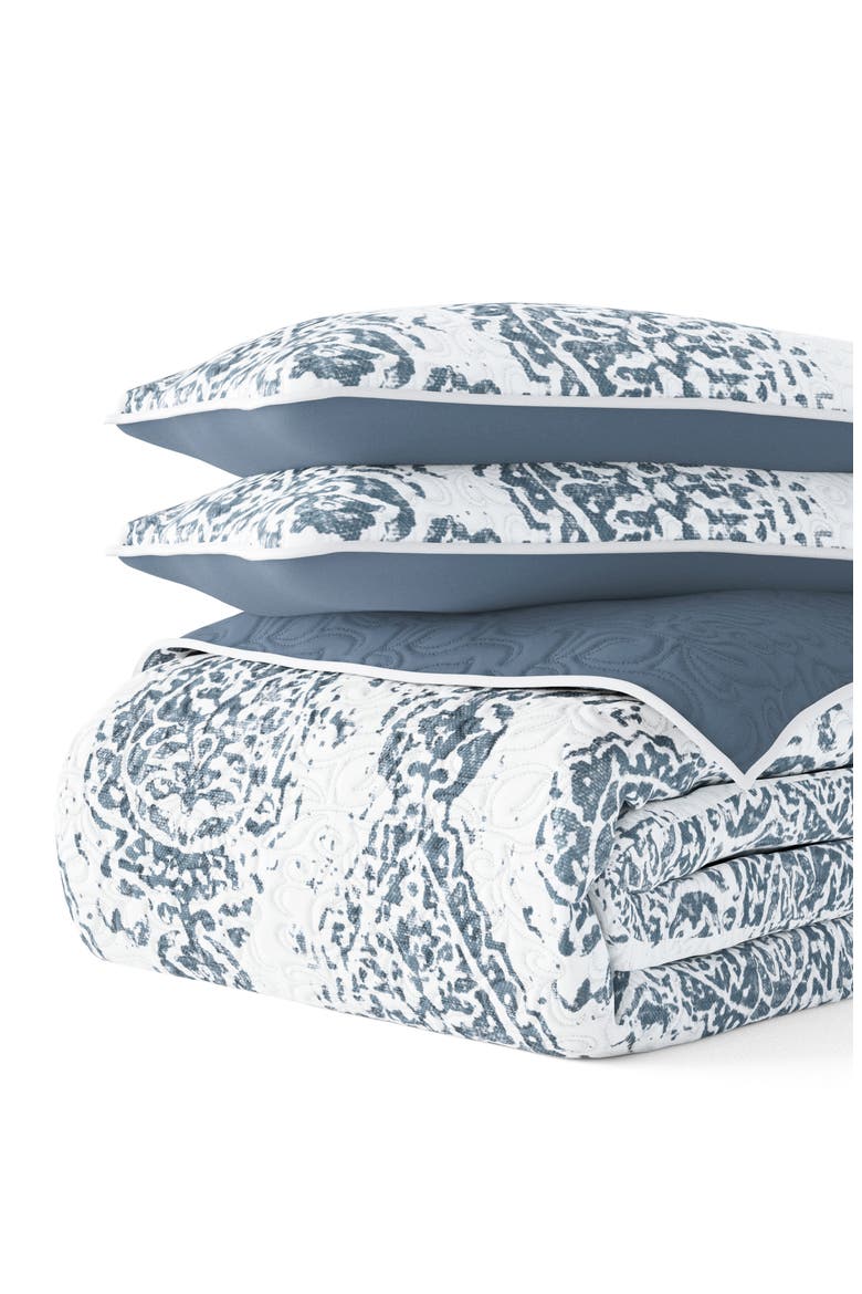 All Season Distressed Damask Reversible Down Alternative Quilt & Sham Set, Alternate, color, DUSK BLUE