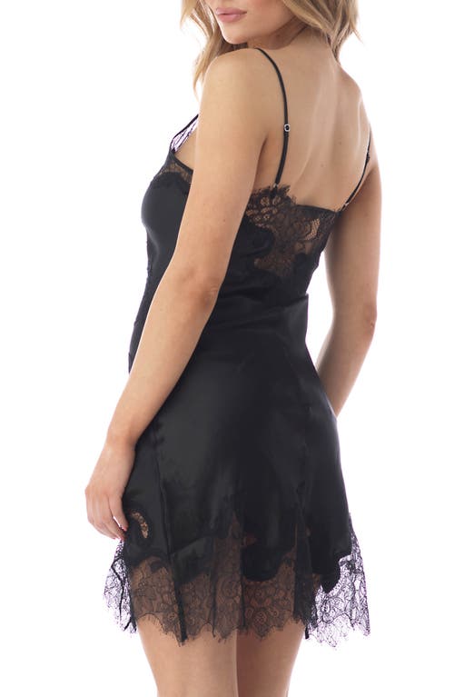 Sky Eyelash Lace Trim Stretch Silk Mini Slipdress In Black