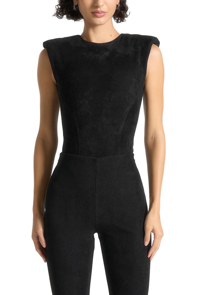 Wide Shoulder Suede Bodysuit, Alternate, color, Black