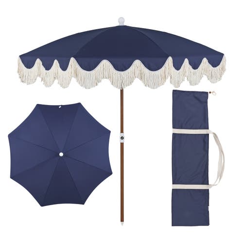 Jonathan Y Mariner 6.5 Ft. Classic Cottage Fringe Tassel Market Beach Umbrella With Push Button Tilt In Blue
