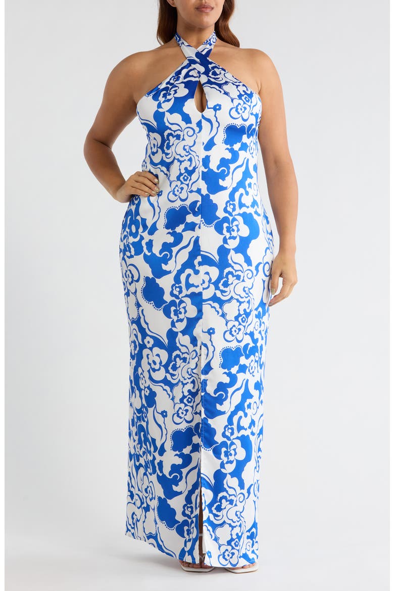 Helsinki Floral Tilda Satin Halter Maxi Dress, Main, color, WHITE-COBALT