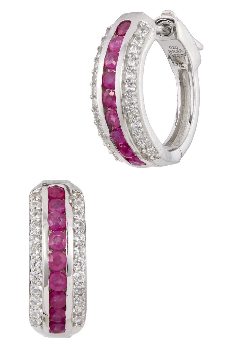 Stone Hoop Earrings, Main, color, SILVER/ RUBY
