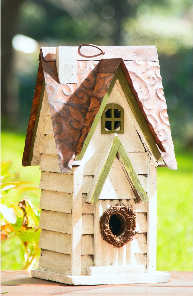 Glitzhome 12"H Retro Distressed Painted Solid Wood Cottage Birdhouse, Alternate, color, White