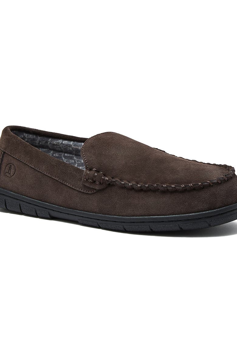 Lands' End Flannel Lined Suede Slip On Moccasin Slippers, Main, color, Rich Coffee Suede
