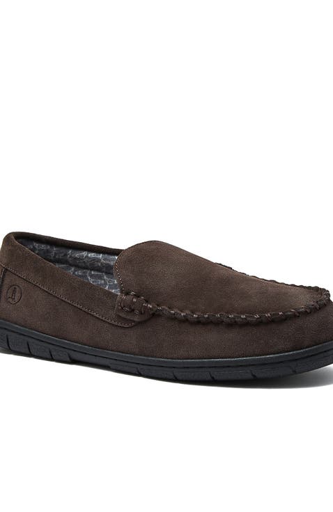 Flannel Lined Suede Slip On Moccasin Slippers