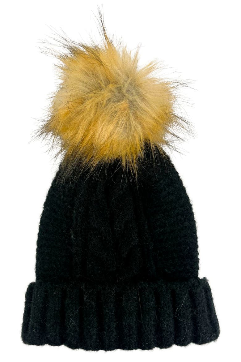 Faux Fur Pom Cable Knit Beanie, Main, color, BLACK