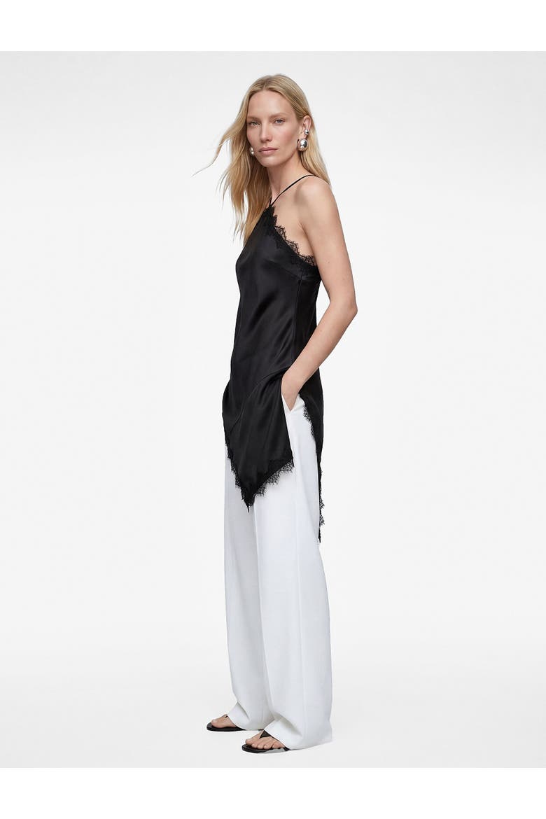 Asymmetric Lace Trim Satin Slip Dress, Alternate, color, BLACK