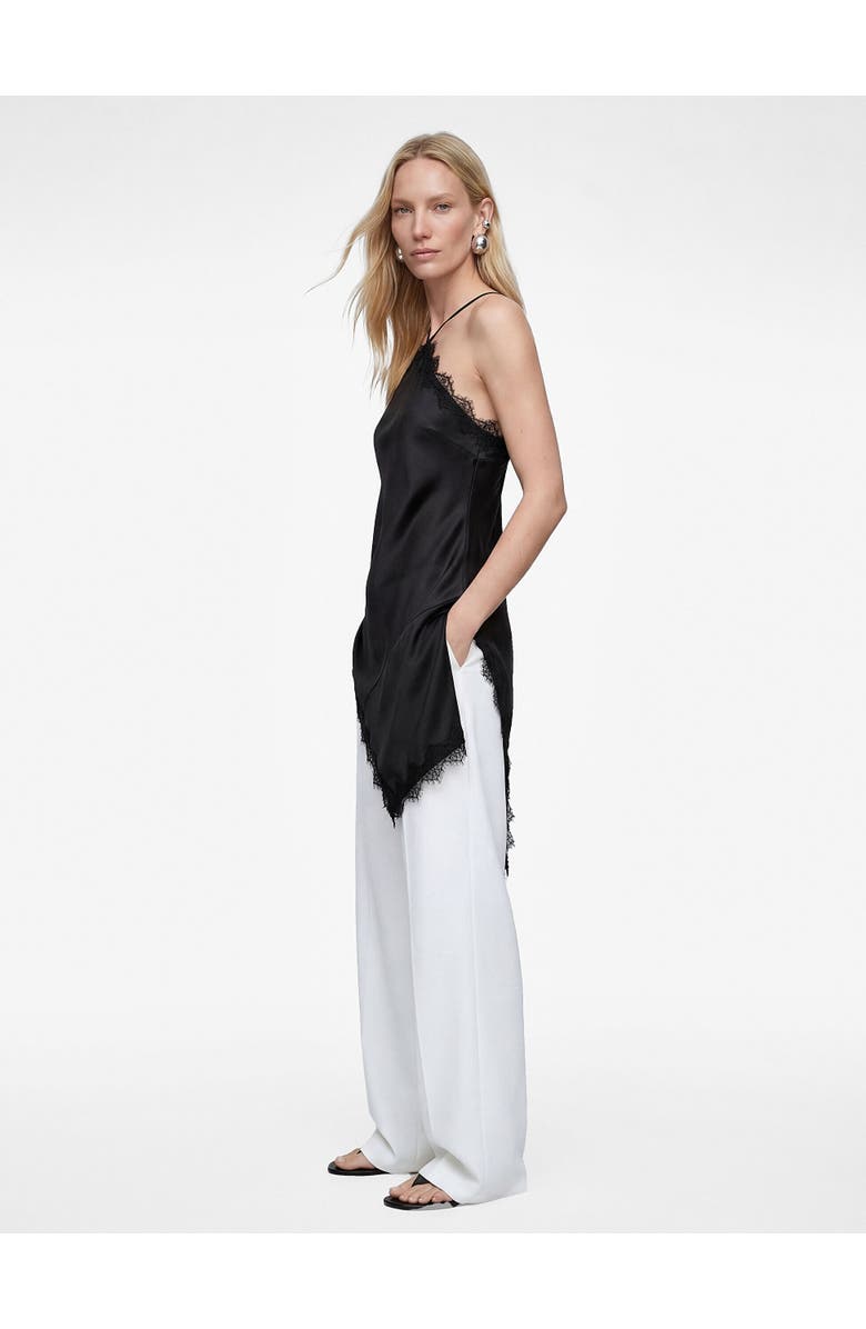 ZDNU 81041892 Asymmetric Lace Trim Satin Slip Dress, Alternate, color, Black
