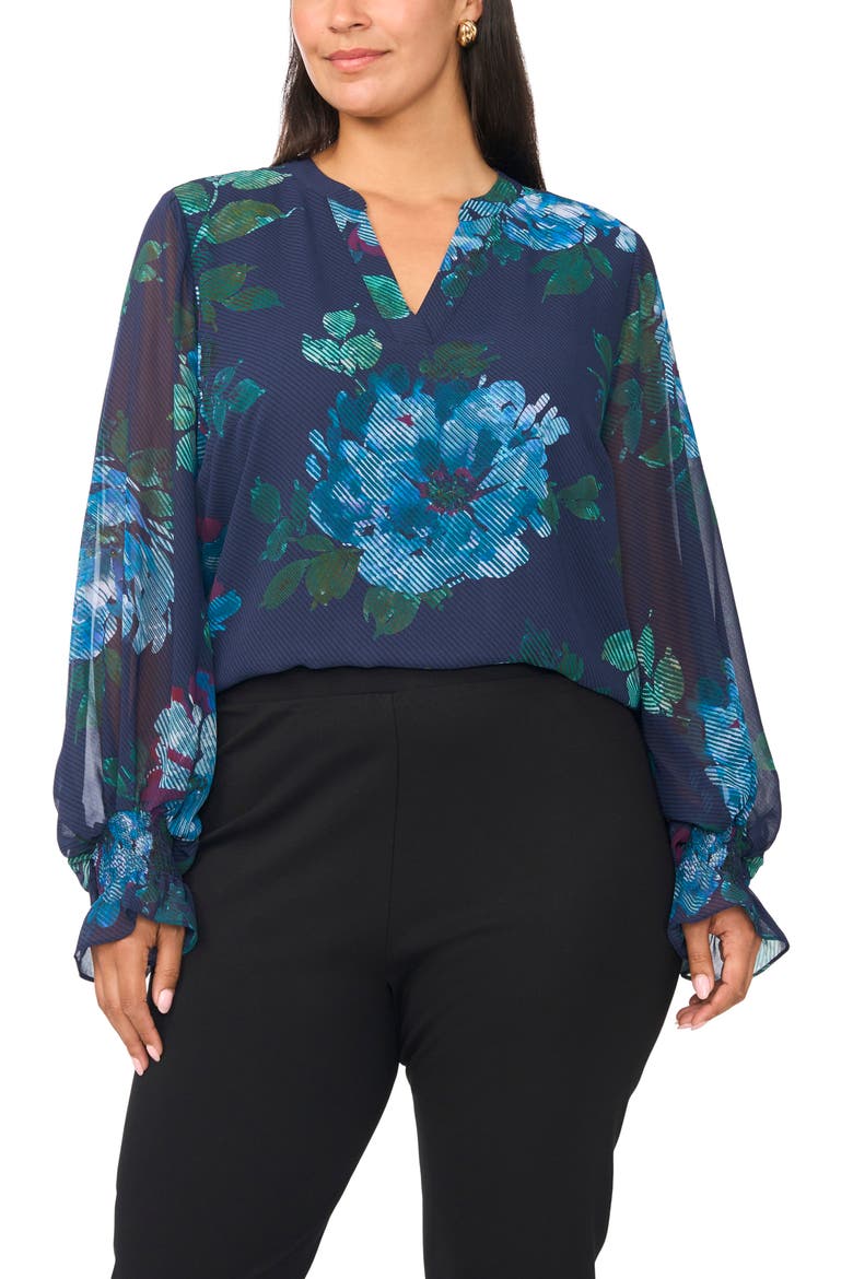Floral Print Split Neck Top, Alternate, color, RICH NAVY