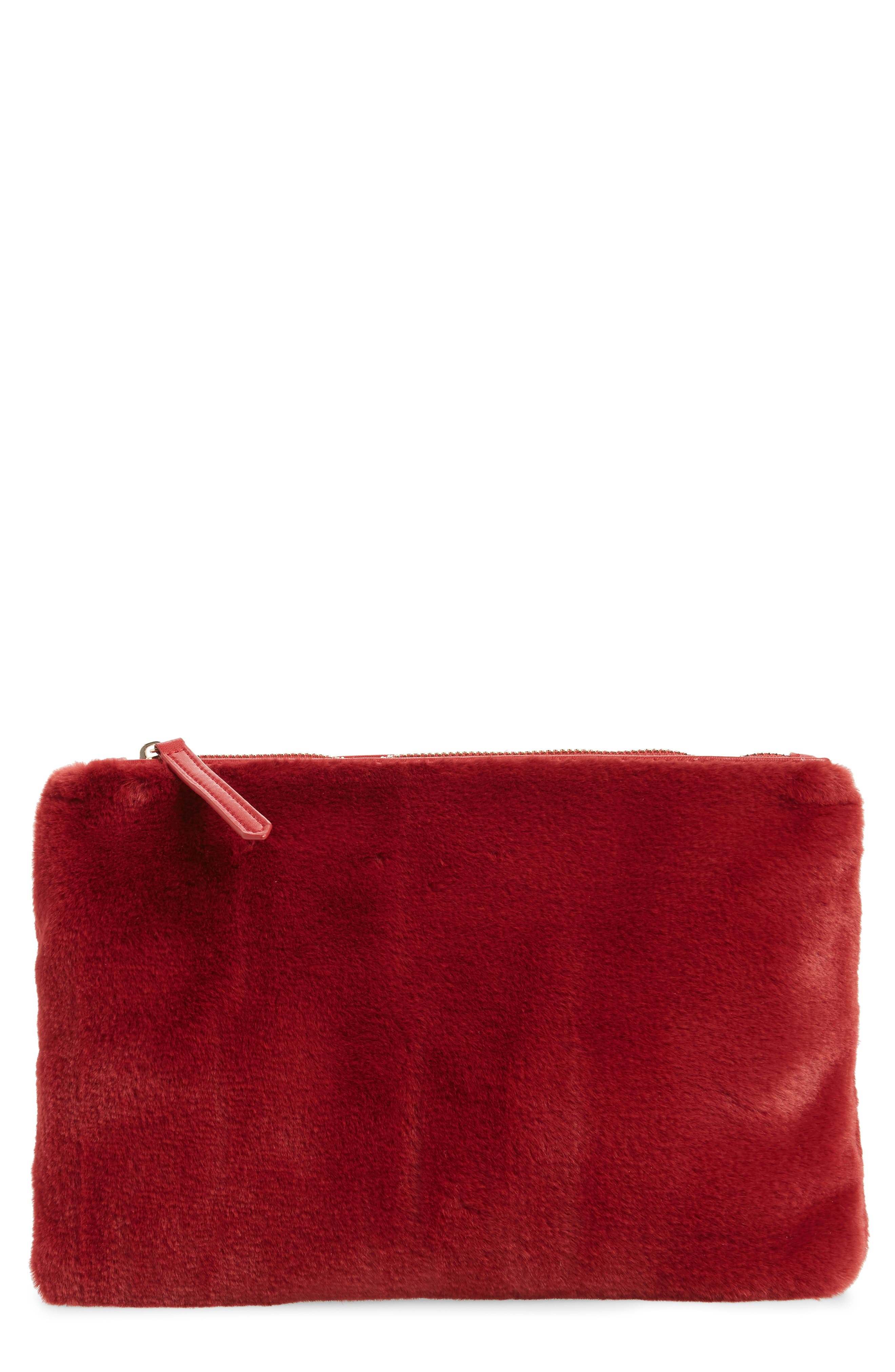 Jen Faux Fur Pouch, Main, color, RED HIBISCUS