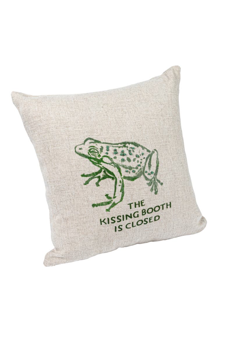 16" Square Linen Blend Printed Pillow with Frog and "The Kissing Booth is Closed" Text Prints and French Knots, Natural and Green, Main, color, Natural