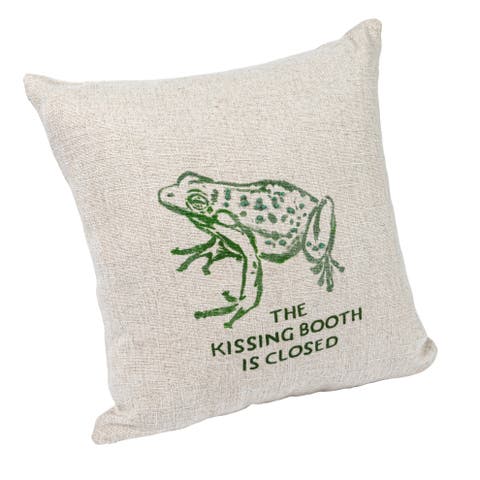 16" Square Linen Blend Printed Pillow with Frog and "The Kissing Booth is Closed" Text Prints and French Knots, Natural and Green