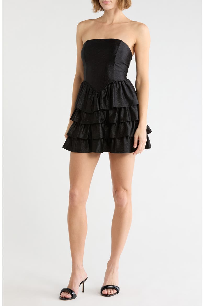 Strapless Glitter Tiered Minidress, Main, color, BLACK