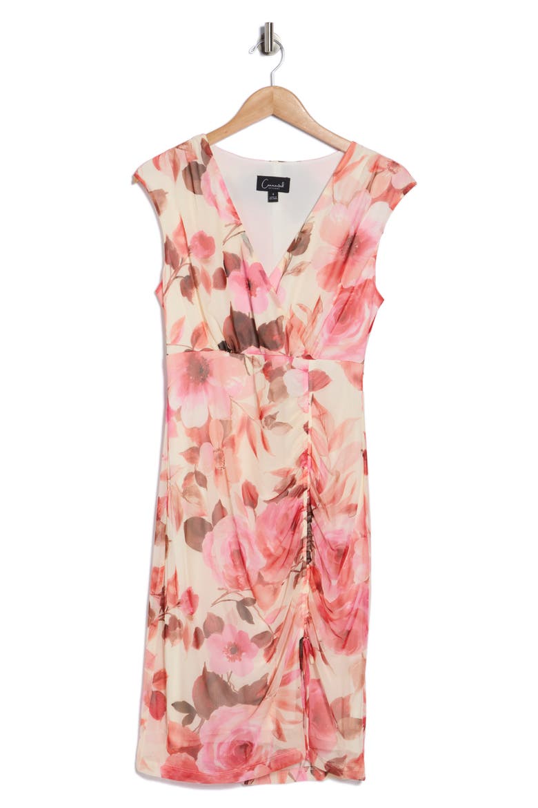 Floral Ruched Mesh Dress, Alternate, color, IVORY