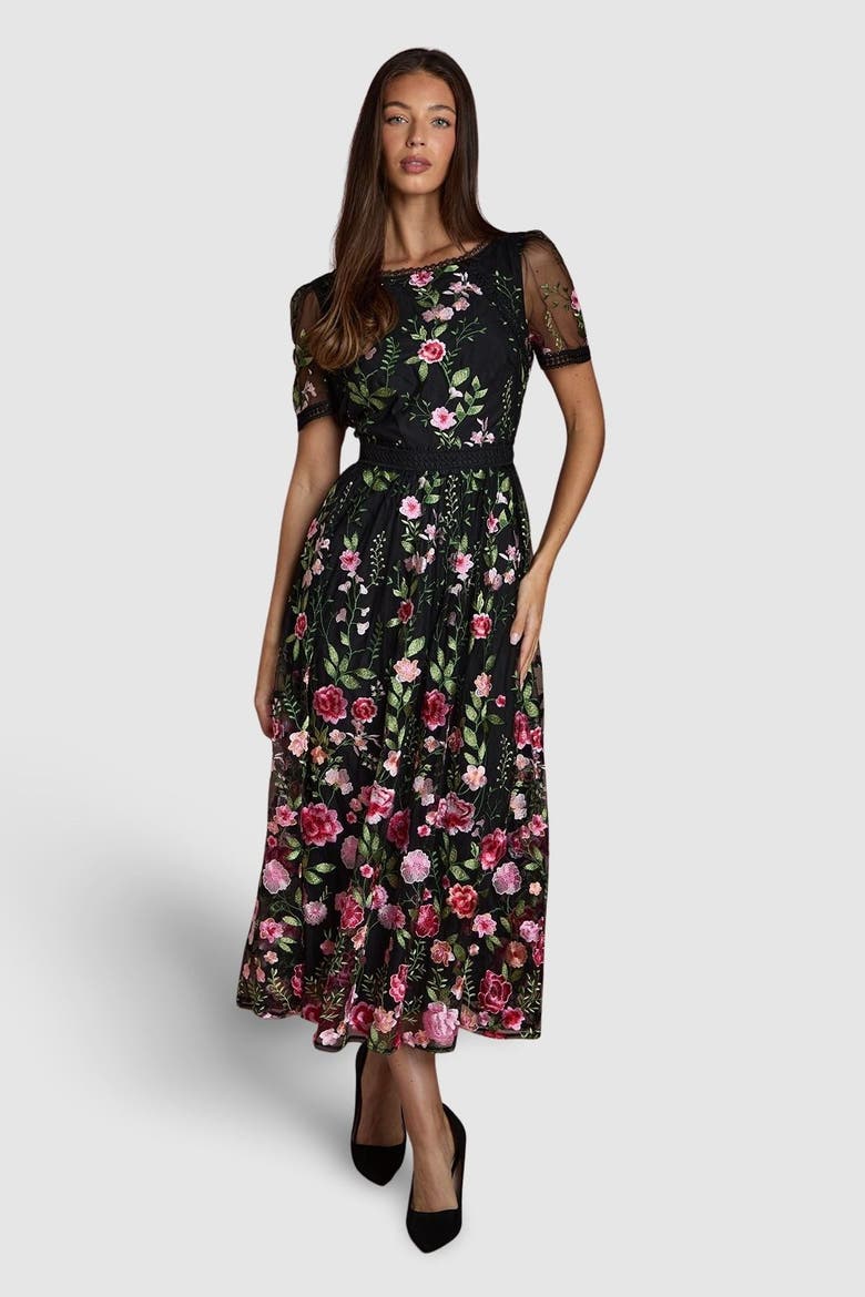 Lace Trim Embroidered Mesh Midi Dress, Main, color, Black