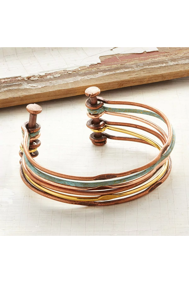 Mixed Metals Hinged Cuff, Main, color, Copper / Brass / Teal