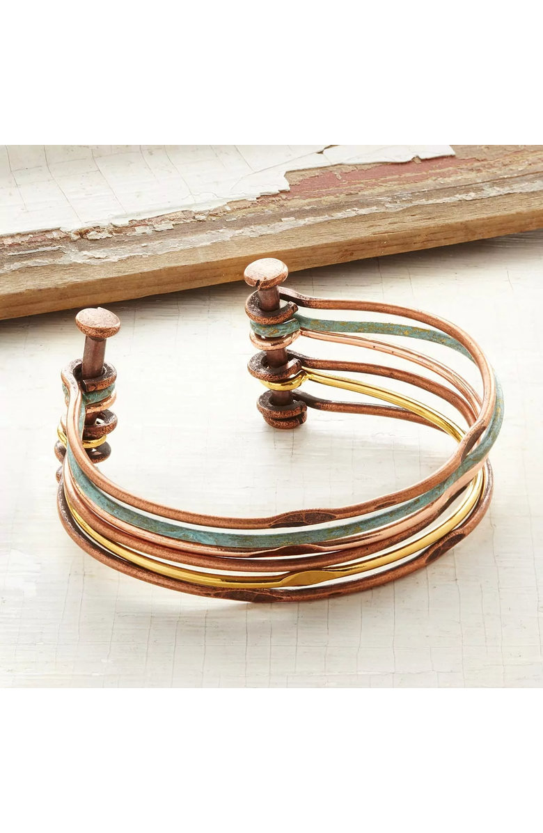 Uncommon Goods Mixed Metals Hinged Cuff, Main, color, Copper / Brass / Teal
