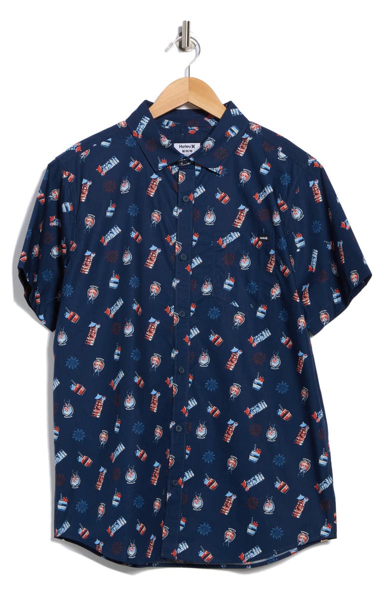 Hurley Freaky Tiki Short Sleeve Cotton Button-Up Shirt, Alternate, color, Navy